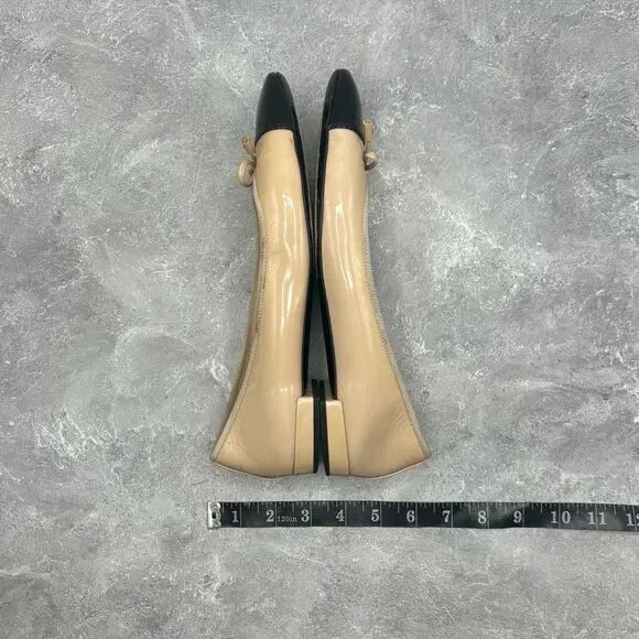 Prada Beige Black Leather Ballet Flats Slip On Size 39.5 Bow Accent Cap Toe